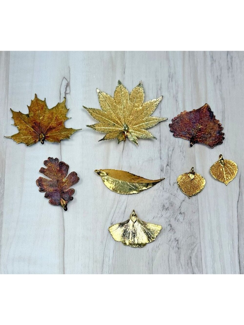 VTG 8pc Lot 1"-4" Delicate Gold Dipped Preserved Leaf PENDANTS Jewelry Statement